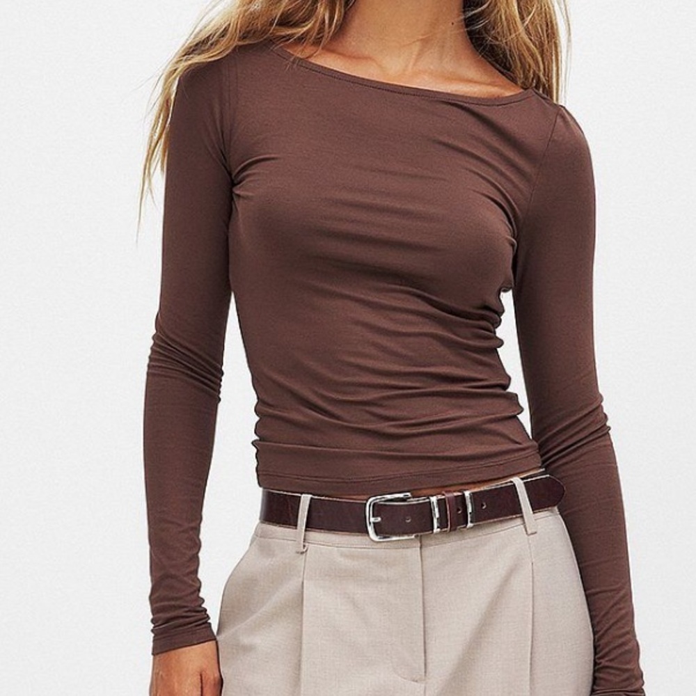 Women’s Brown Boat Neck Long Sleeve Top
